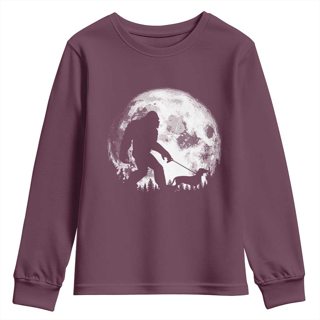 Bigfoot Walking Dachshund Youth Sweatshirt Funny Doxie Wiener Sasquatch Night Stroll Full Moon TS10 Maroon Print Your Wear