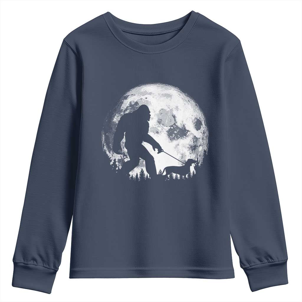 Bigfoot Walking Dachshund Youth Sweatshirt Funny Doxie Wiener Sasquatch Night Stroll Full Moon TS10 Navy Print Your Wear