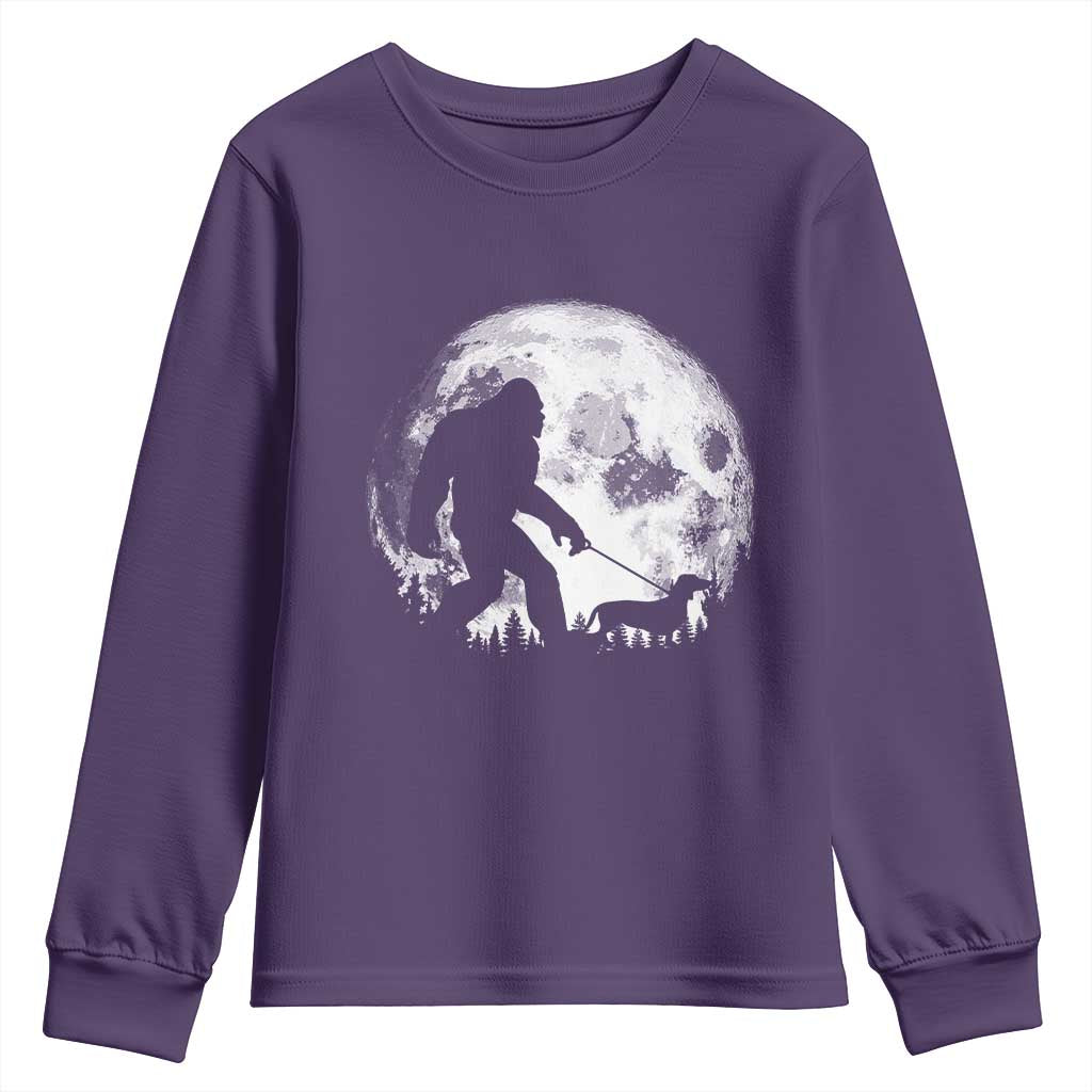Bigfoot Walking Dachshund Youth Sweatshirt Funny Doxie Wiener Sasquatch Night Stroll Full Moon TS10 Purple Print Your Wear