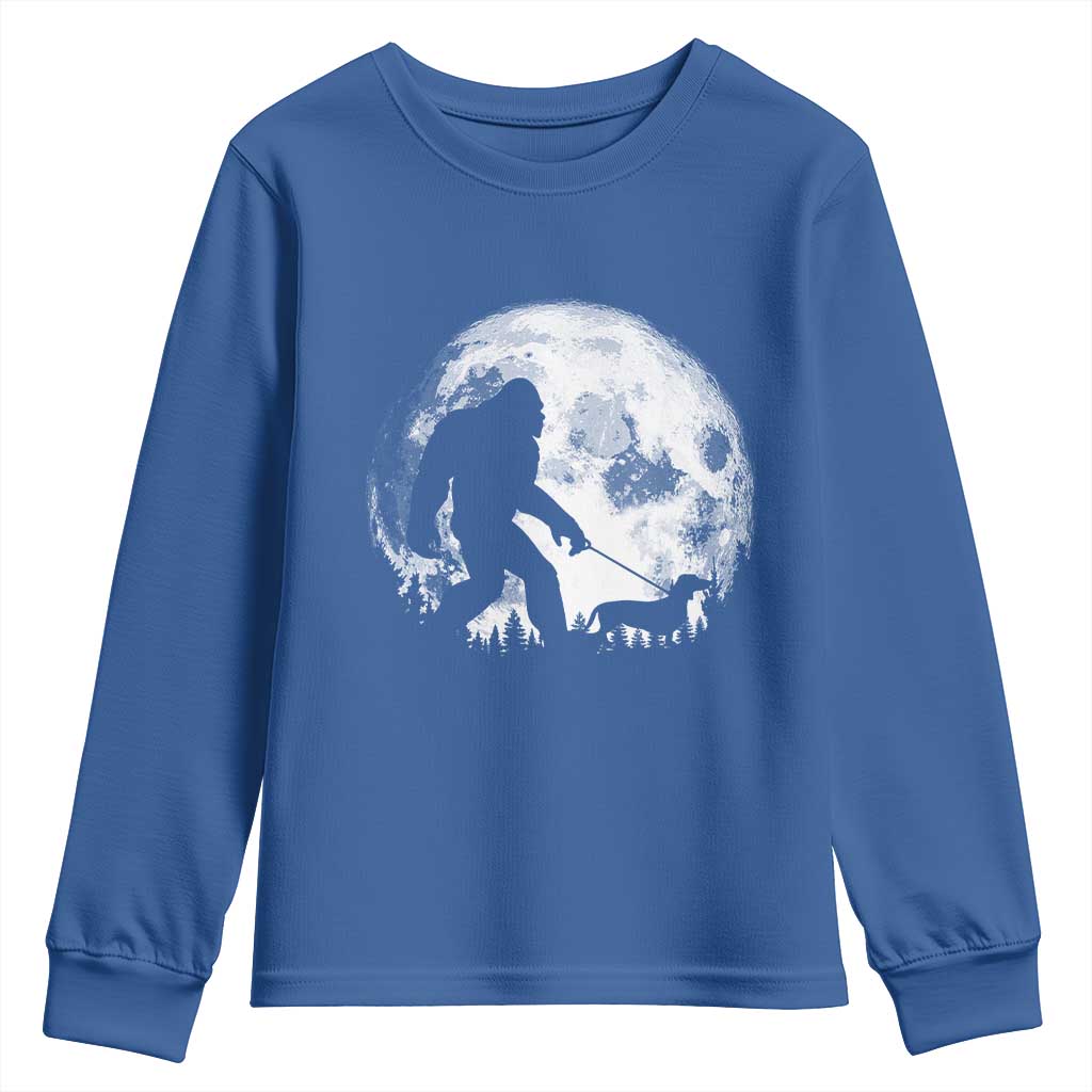Bigfoot Walking Dachshund Youth Sweatshirt Funny Doxie Wiener Sasquatch Night Stroll Full Moon TS10 Royal Blue Print Your Wear