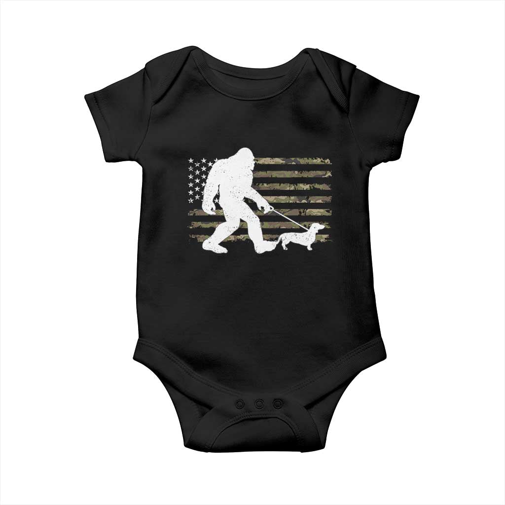 Bigfoot Walking Dachshund Baby Onesie Sasquatch Camo American Flag USA Military Patriotic TS10 Black Print Your Wear