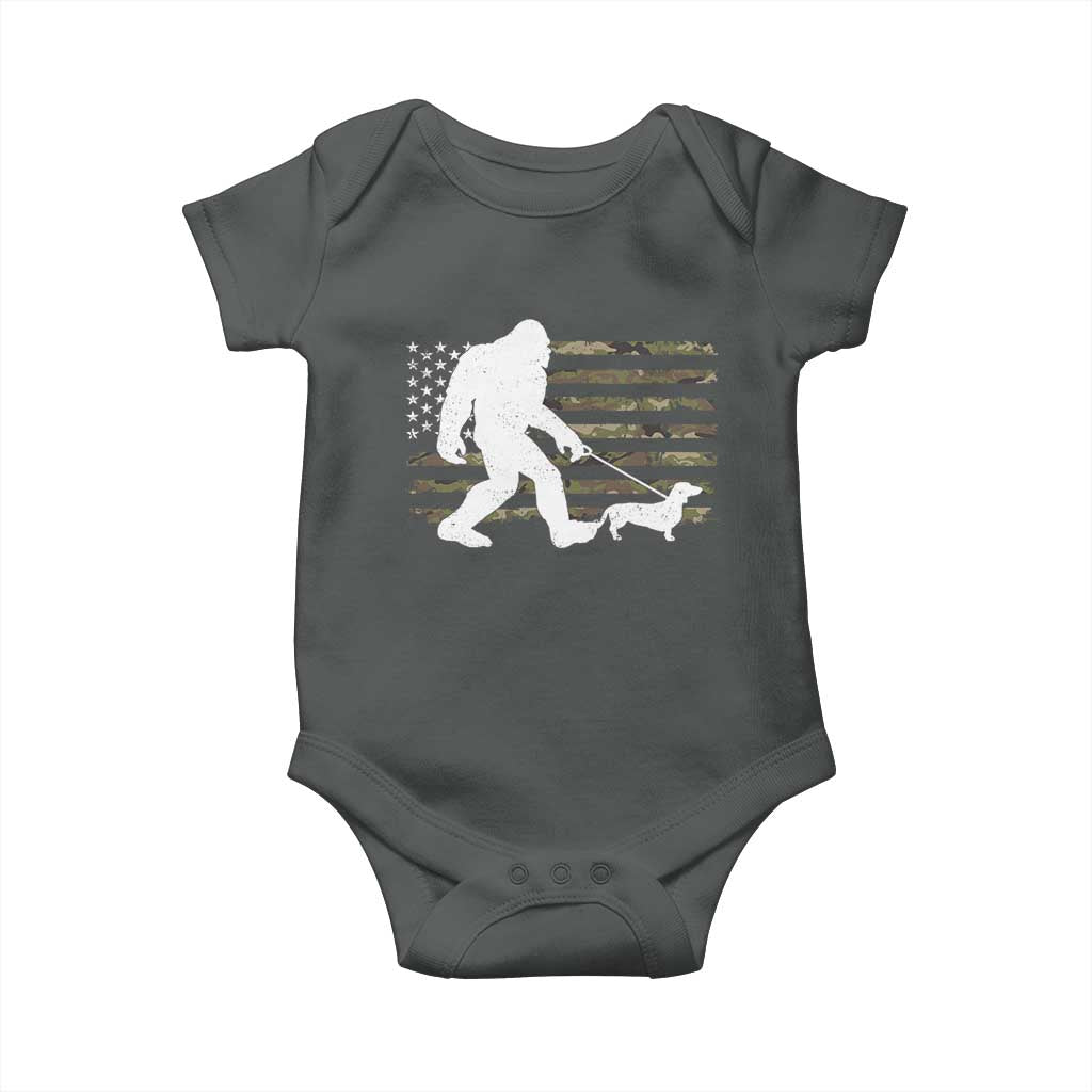 Bigfoot Walking Dachshund Baby Onesie Sasquatch Camo American Flag USA Military Patriotic TS10 Dark Heather Print Your Wear