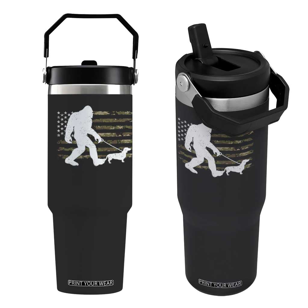 Bigfoot Walking Dachshund Flip Straw Tumbler Sasquatch Camo American Flag USA Military Patriotic TS10 One Size: 30 oz Black Print Your Wear