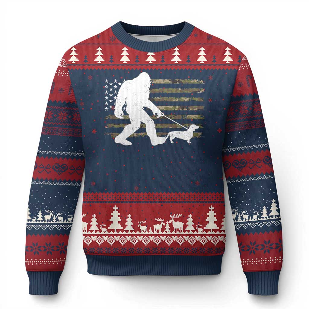 Bigfoot Walking Dachshund Ugly Christmas Sweater Sasquatch Camo American Flag USA Military Patriotic TS10 Navy Red Print Your Wear