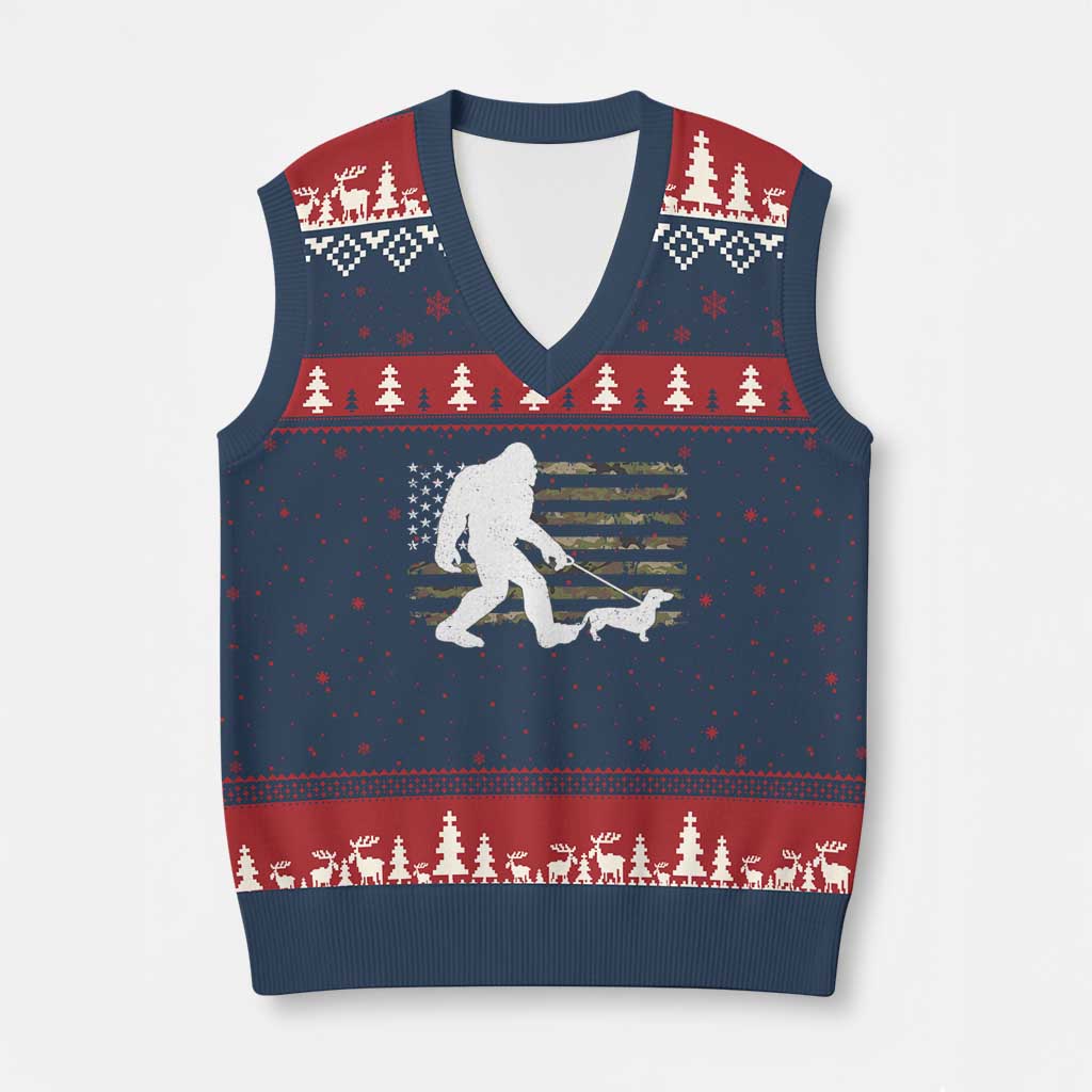 Bigfoot Walking Dachshund V-Neck Knit Sweater Vest Sasquatch Camo American Flag USA Military Patriotic TS10 Navy Red Print Your Wear