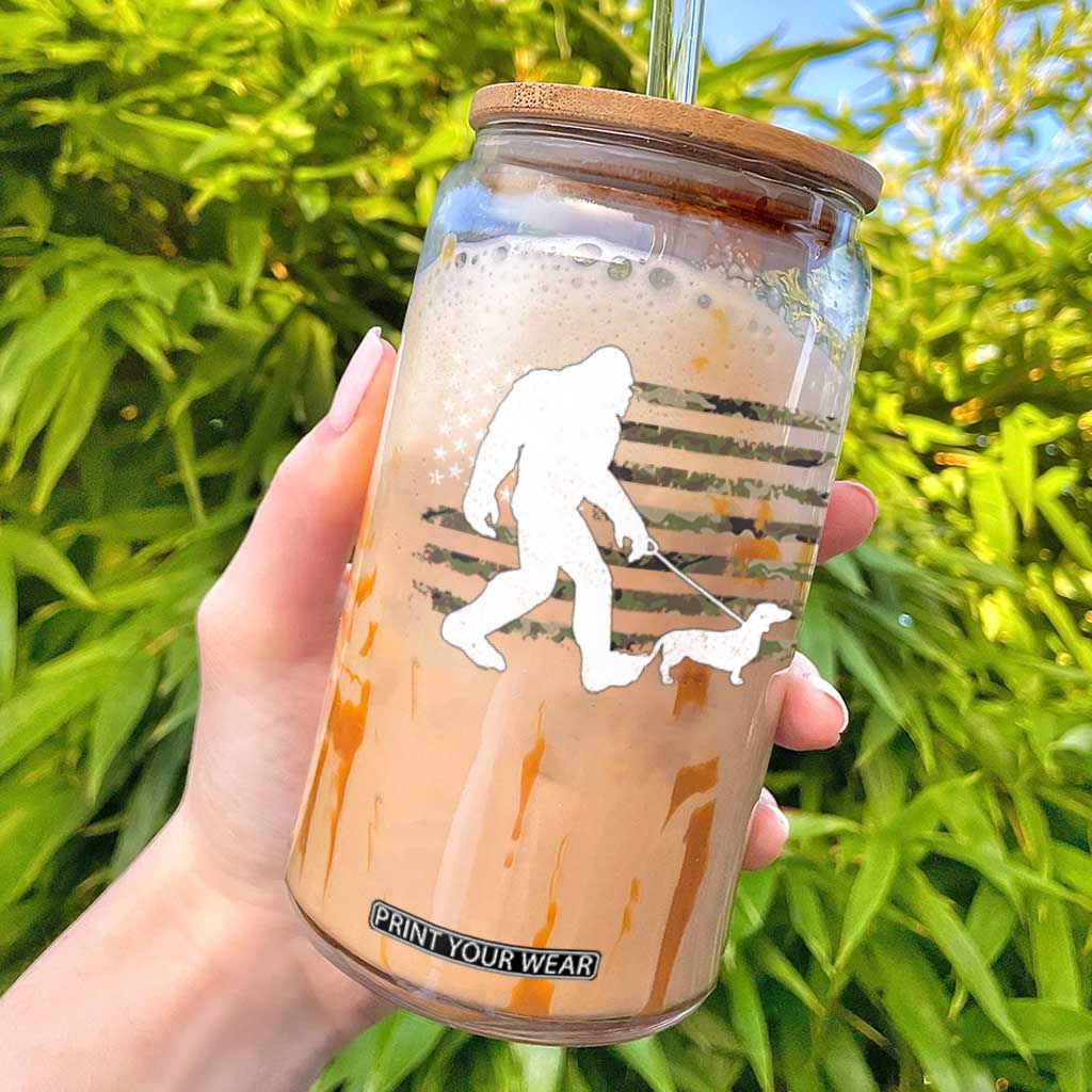 Bigfoot Walking Dachshund Glass Can Sasquatch Camo American Flag USA Military Patriotic TS10 Black Print Your Wear