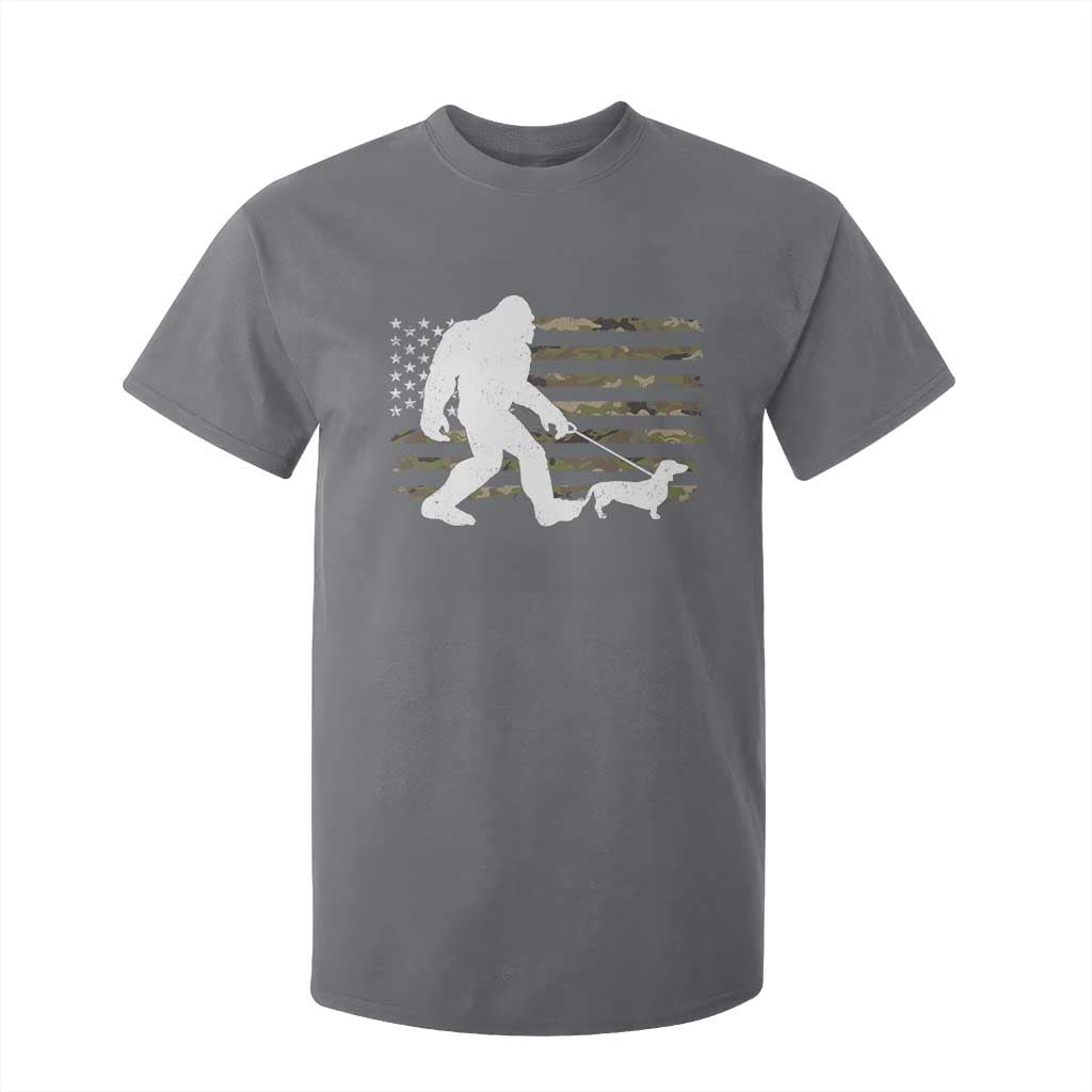 Bigfoot Walking Dachshund T Shirt For Kid Sasquatch Camo American Flag USA Military Patriotic TS10 Charcoal Print Your Wear