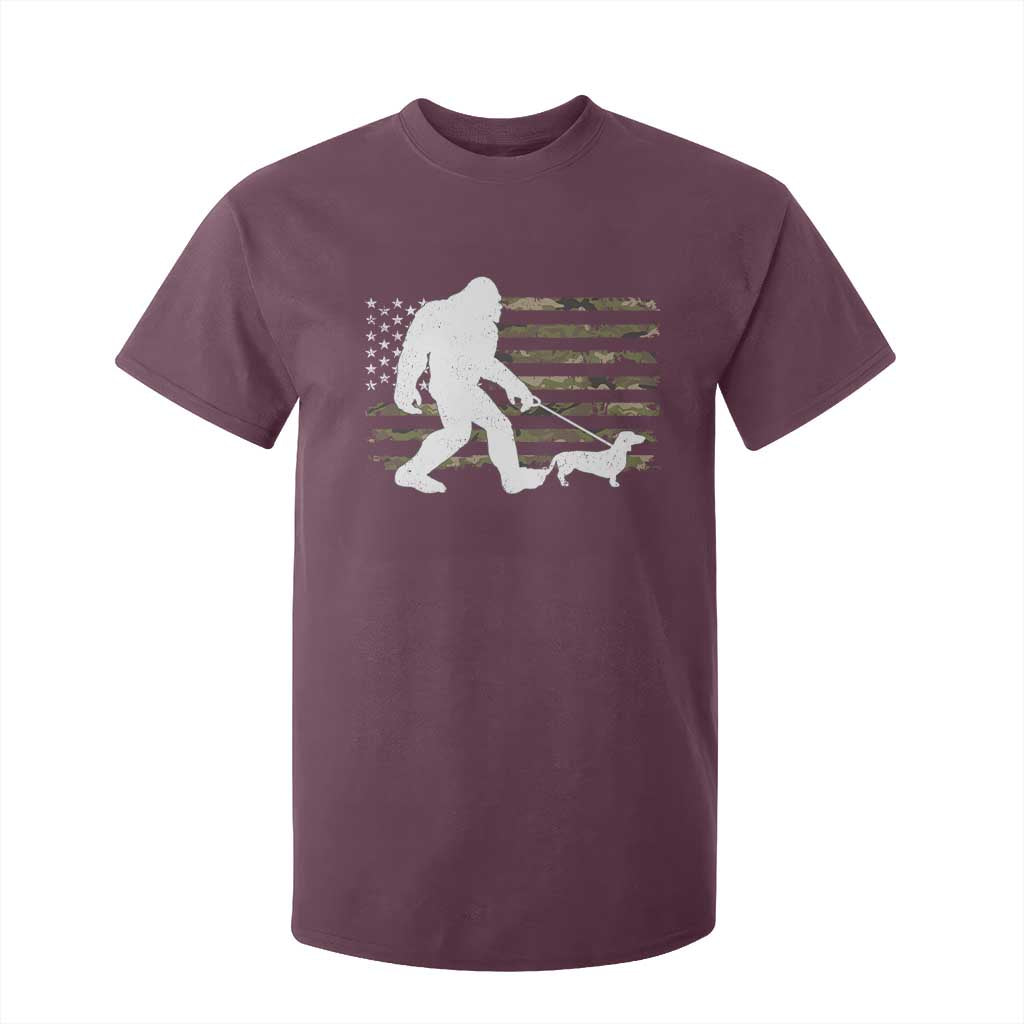 Bigfoot Walking Dachshund T Shirt For Kid Sasquatch Camo American Flag USA Military Patriotic TS10 Maroon Print Your Wear