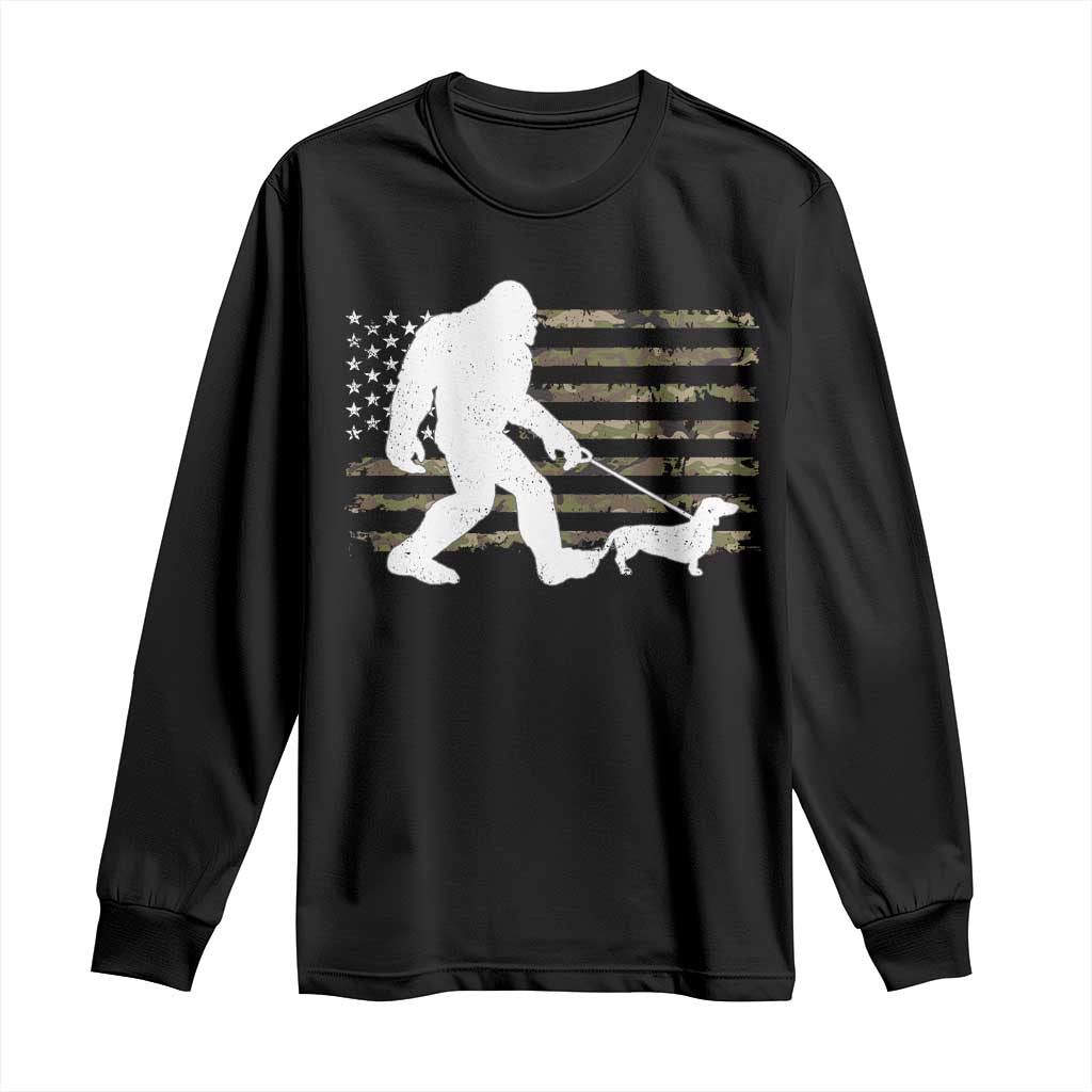 Bigfoot Walking Dachshund Long Sleeve Shirt Sasquatch Camo American Flag USA Military Patriotic TS10 Black Print Your Wear