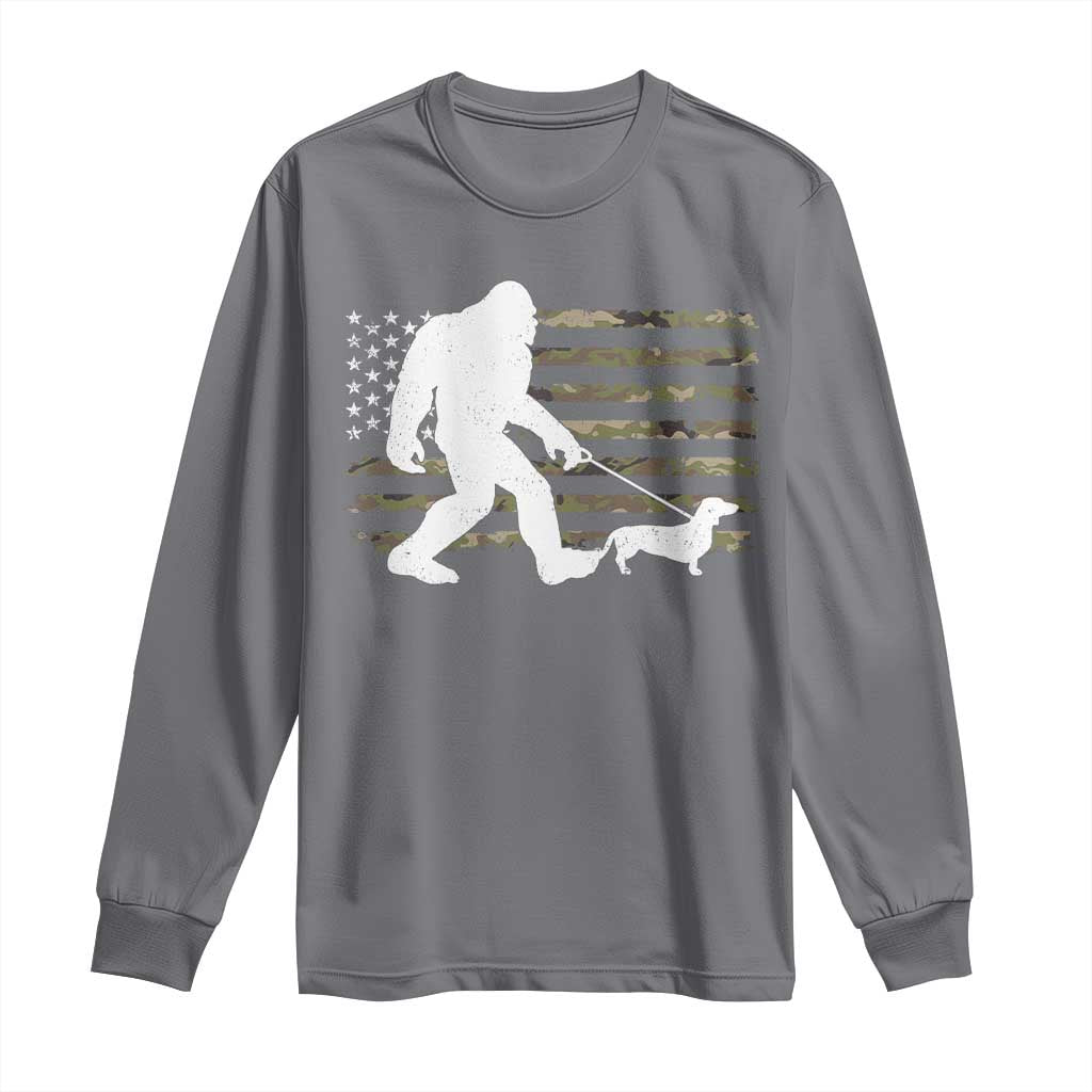Bigfoot Walking Dachshund Long Sleeve Shirt Sasquatch Camo American Flag USA Military Patriotic TS10 Charcoal Print Your Wear