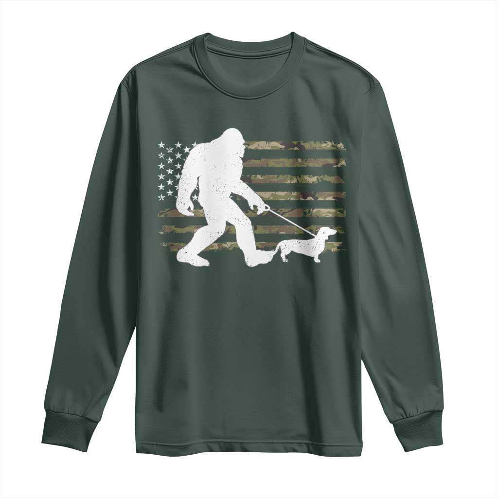 Bigfoot Walking Dachshund Long Sleeve Shirt Sasquatch Camo American Flag USA Military Patriotic TS10 Dark Forest Green Print Your Wear