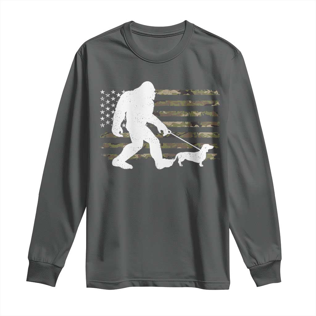Bigfoot Walking Dachshund Long Sleeve Shirt Sasquatch Camo American Flag USA Military Patriotic TS10 Dark Heather Print Your Wear