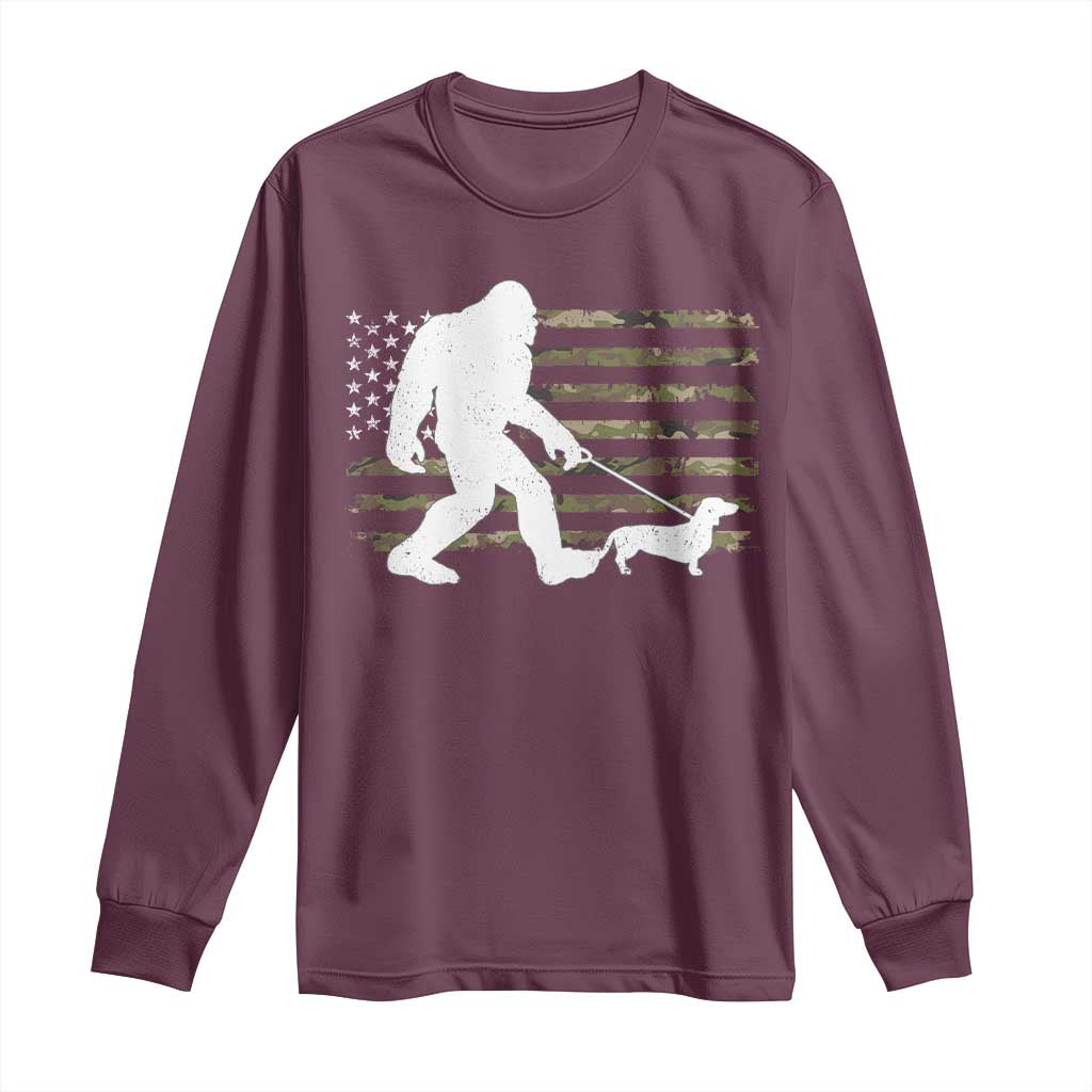 Bigfoot Walking Dachshund Long Sleeve Shirt Sasquatch Camo American Flag USA Military Patriotic TS10 Maroon Print Your Wear