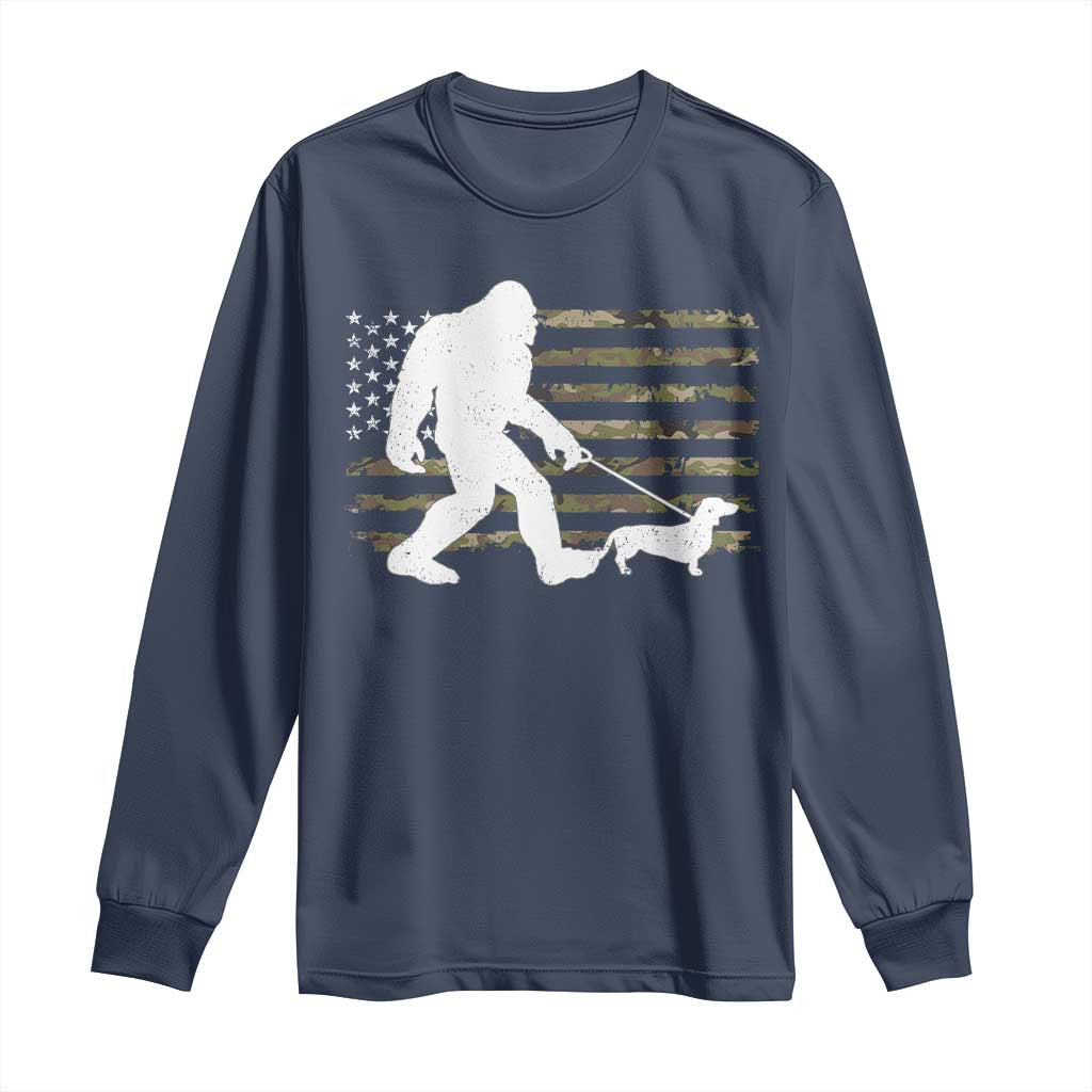 Bigfoot Walking Dachshund Long Sleeve Shirt Sasquatch Camo American Flag USA Military Patriotic TS10 Navy Print Your Wear