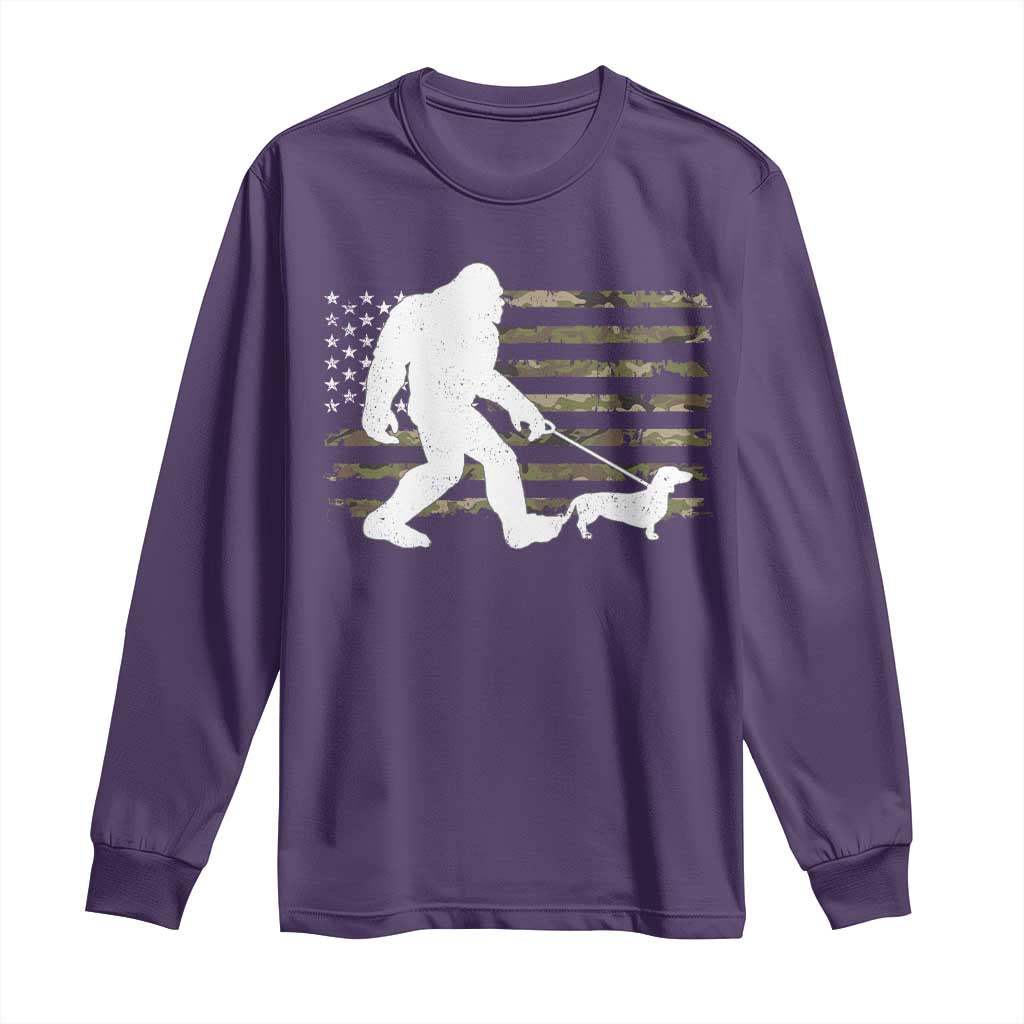 Bigfoot Walking Dachshund Long Sleeve Shirt Sasquatch Camo American Flag USA Military Patriotic TS10 Purple Print Your Wear