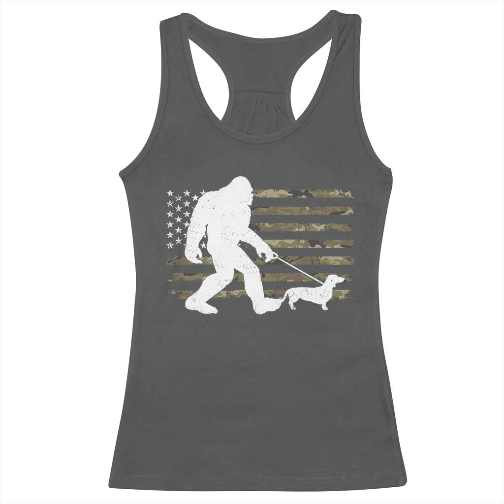 Bigfoot Walking Dachshund Racerback Tank Top Sasquatch Camo American Flag USA Military Patriotic TS10 Dark Heather Print Your Wear