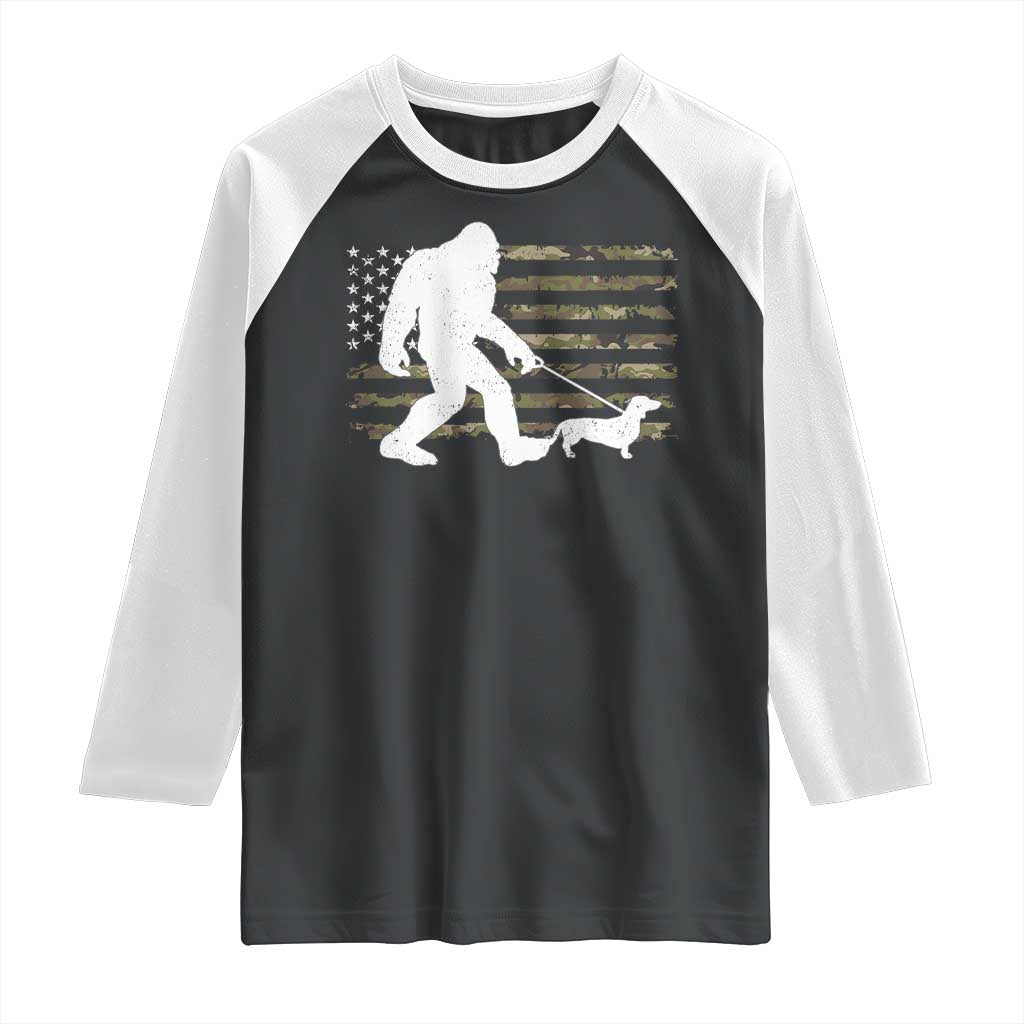 Bigfoot Walking Dachshund Raglan Shirt Sasquatch Camo American Flag USA Military Patriotic TS10 Black White Print Your Wear