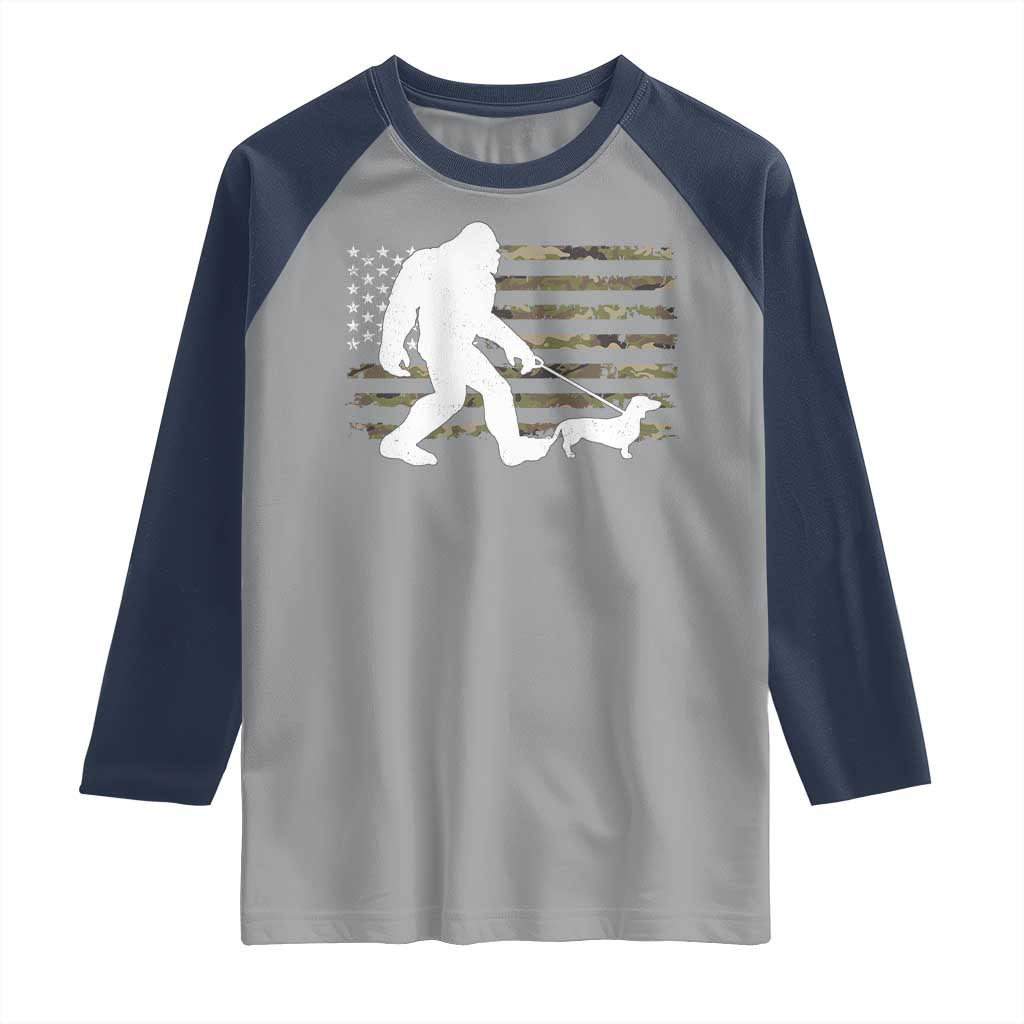 Bigfoot Walking Dachshund Raglan Shirt Sasquatch Camo American Flag USA Military Patriotic TS10 Sport Gray Navy Print Your Wear