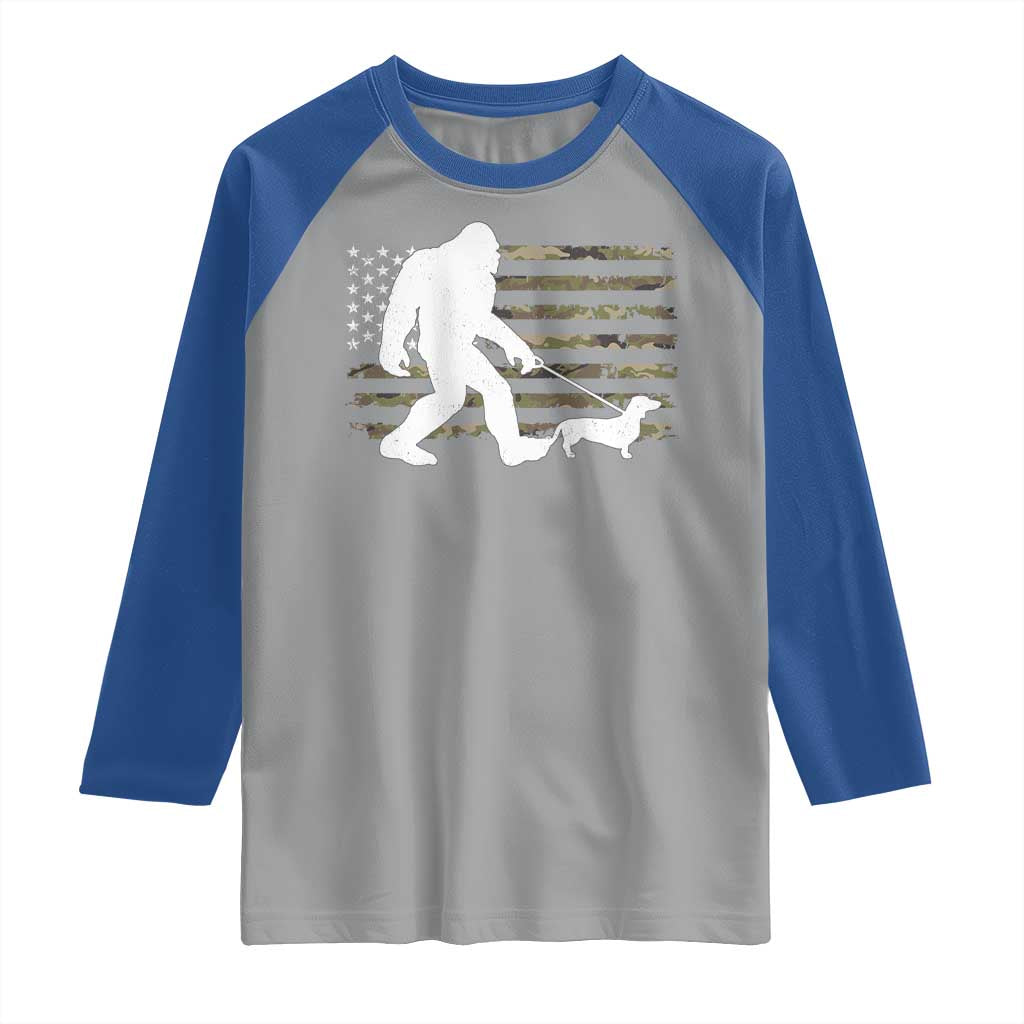 Bigfoot Walking Dachshund Raglan Shirt Sasquatch Camo American Flag USA Military Patriotic TS10 Sport Gray Royal Print Your Wear