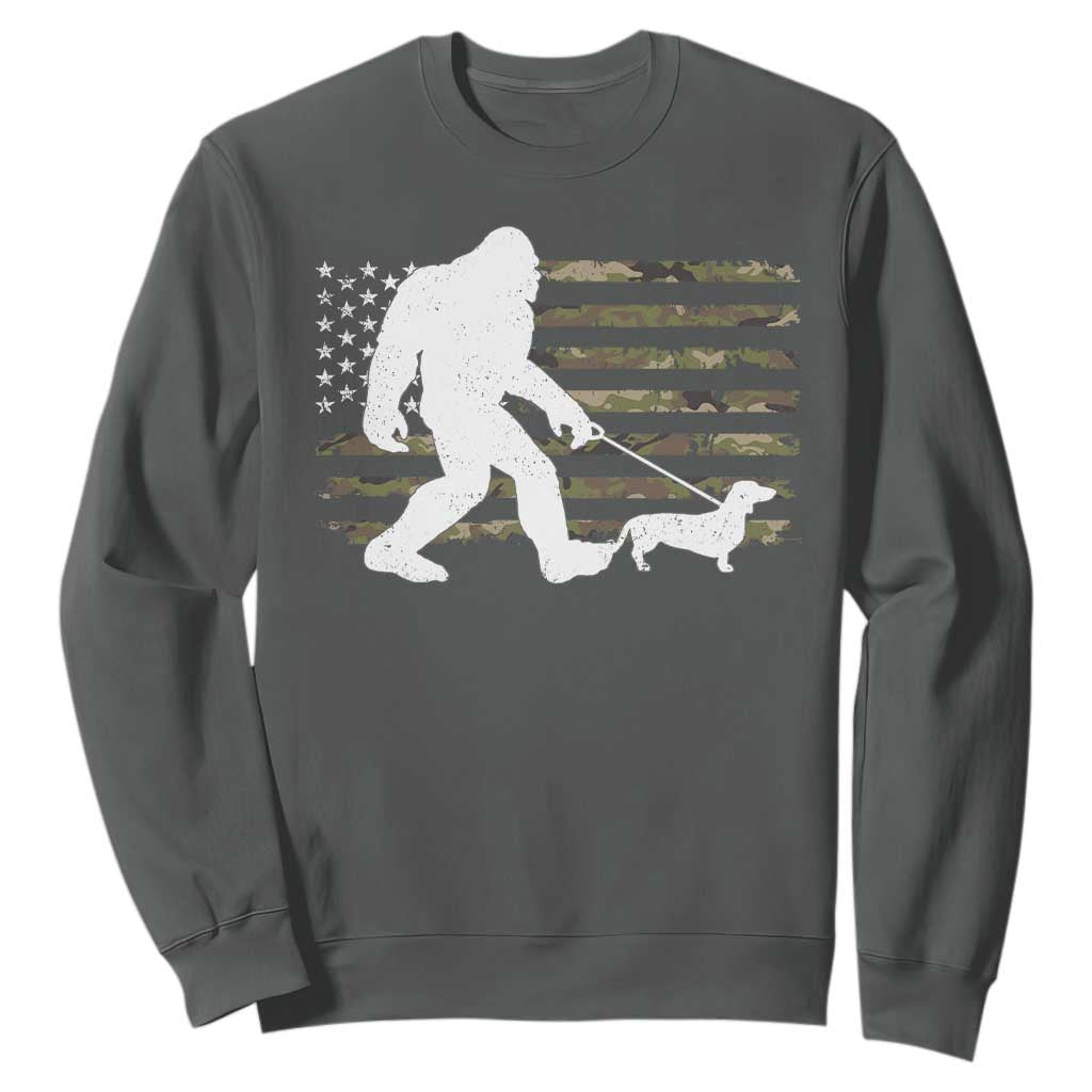 Bigfoot Walking Dachshund Sweatshirt Sasquatch Camo American Flag USA Military Patriotic TS10 Dark Heather Print Your Wear