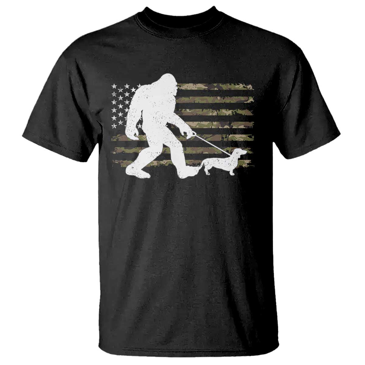 Bigfoot Walking Dachshund T Shirt Sasquatch Camo American Flag USA Military Patriotic TS10 Black Print Your Wear
