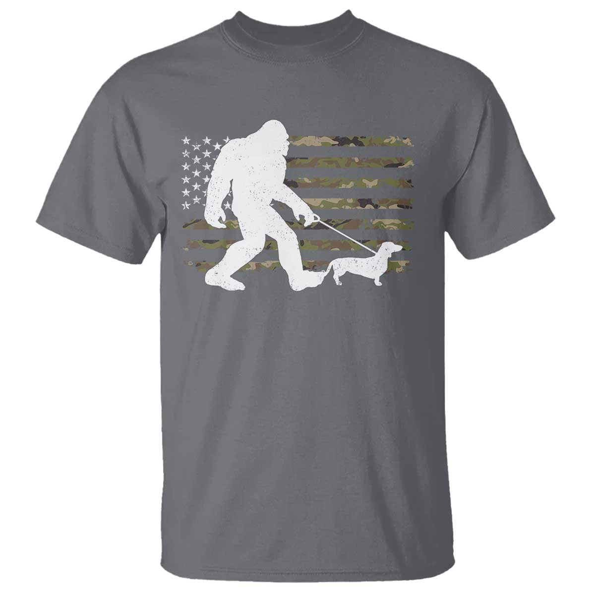 Bigfoot Walking Dachshund T Shirt Sasquatch Camo American Flag USA Military Patriotic TS10 Charcoal Print Your Wear