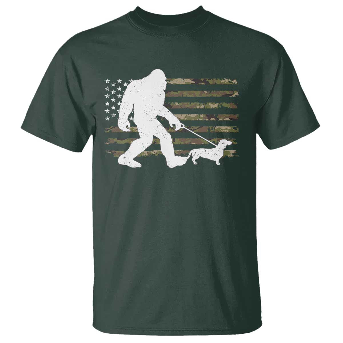 Bigfoot Walking Dachshund T Shirt Sasquatch Camo American Flag USA Military Patriotic TS10 Dark Forest Green Print Your Wear