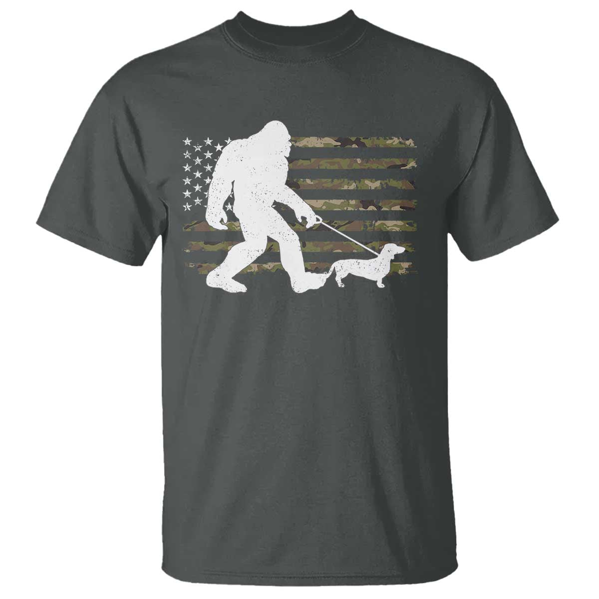 Bigfoot Walking Dachshund T Shirt Sasquatch Camo American Flag USA Military Patriotic TS10 Dark Heather Print Your Wear
