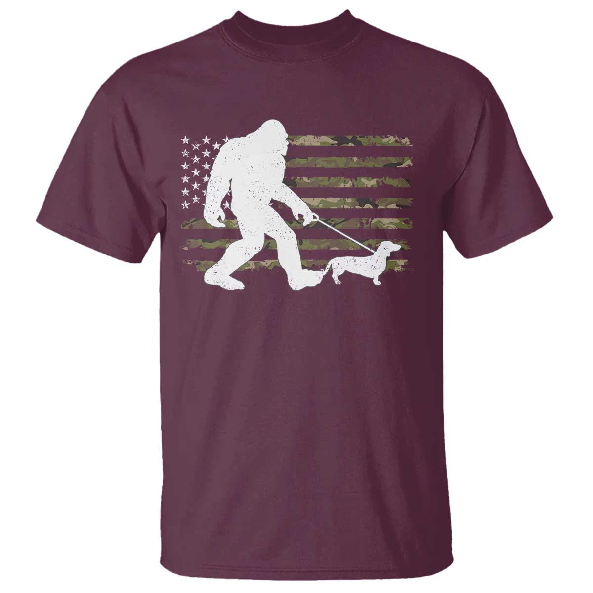 Bigfoot Walking Dachshund T Shirt Sasquatch Camo American Flag USA Military Patriotic TS10 Maroon Print Your Wear