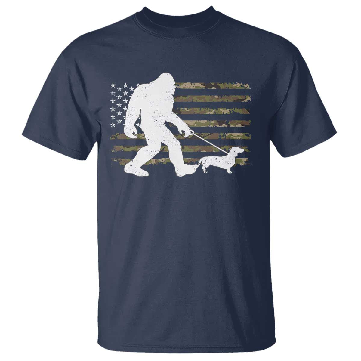 Bigfoot Walking Dachshund T Shirt Sasquatch Camo American Flag USA Military Patriotic TS10 Navy Print Your Wear