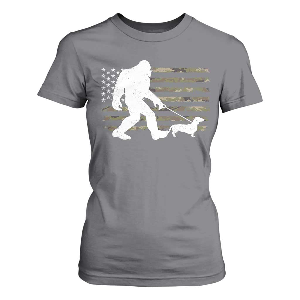 Bigfoot Walking Dachshund T Shirt For Women Sasquatch Camo American Flag USA Military Patriotic TS10 Charcoal Print Your Wear
