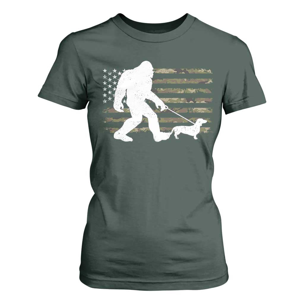 Bigfoot Walking Dachshund T Shirt For Women Sasquatch Camo American Flag USA Military Patriotic TS10 Dark Forest Green Print Your Wear