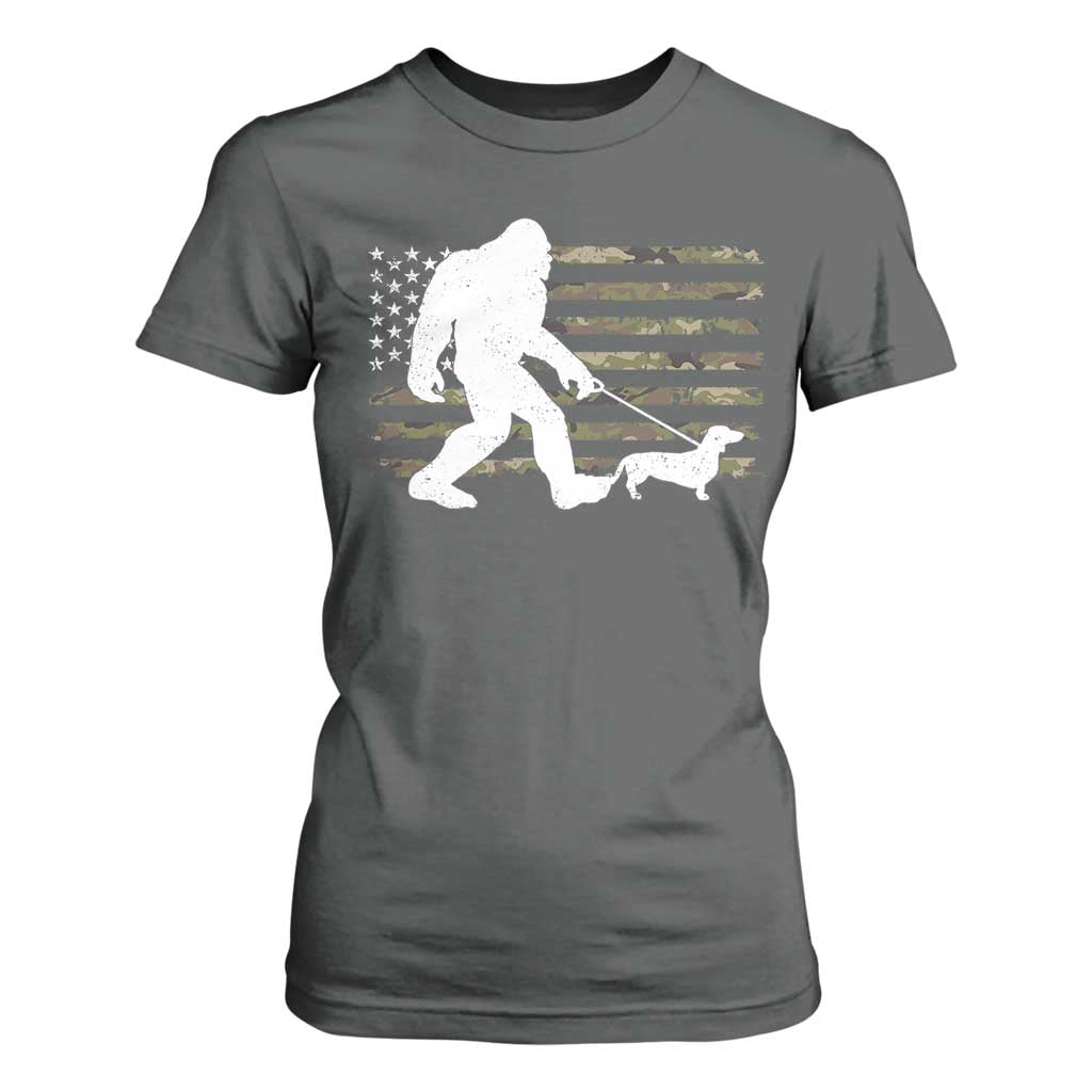 Bigfoot Walking Dachshund T Shirt For Women Sasquatch Camo American Flag USA Military Patriotic TS10 Dark Heather Print Your Wear