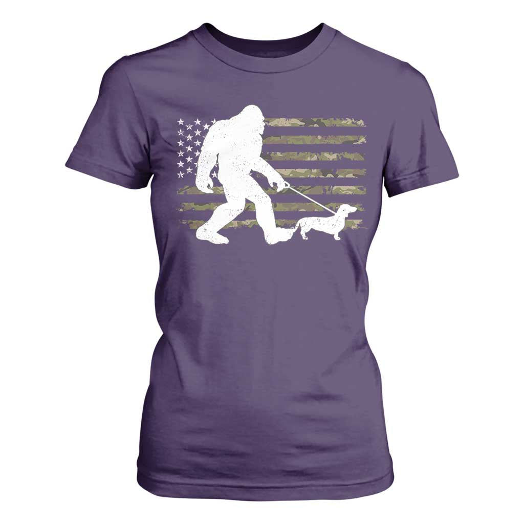 Bigfoot Walking Dachshund T Shirt For Women Sasquatch Camo American Flag USA Military Patriotic TS10 Purple Print Your Wear