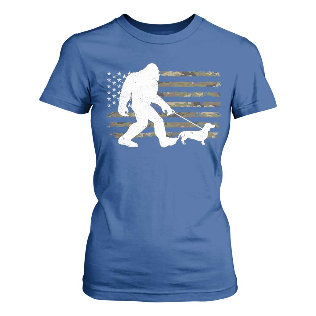 Bigfoot Walking Dachshund T Shirt For Women Sasquatch Camo American Flag USA Military Patriotic TS10 Royal Blue Print Your Wear