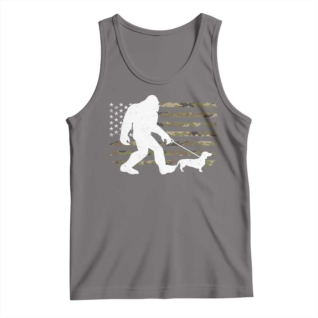 Bigfoot Walking Dachshund Tank Top Sasquatch Camo American Flag USA Military Patriotic TS10 Deep Heather Print Your Wear