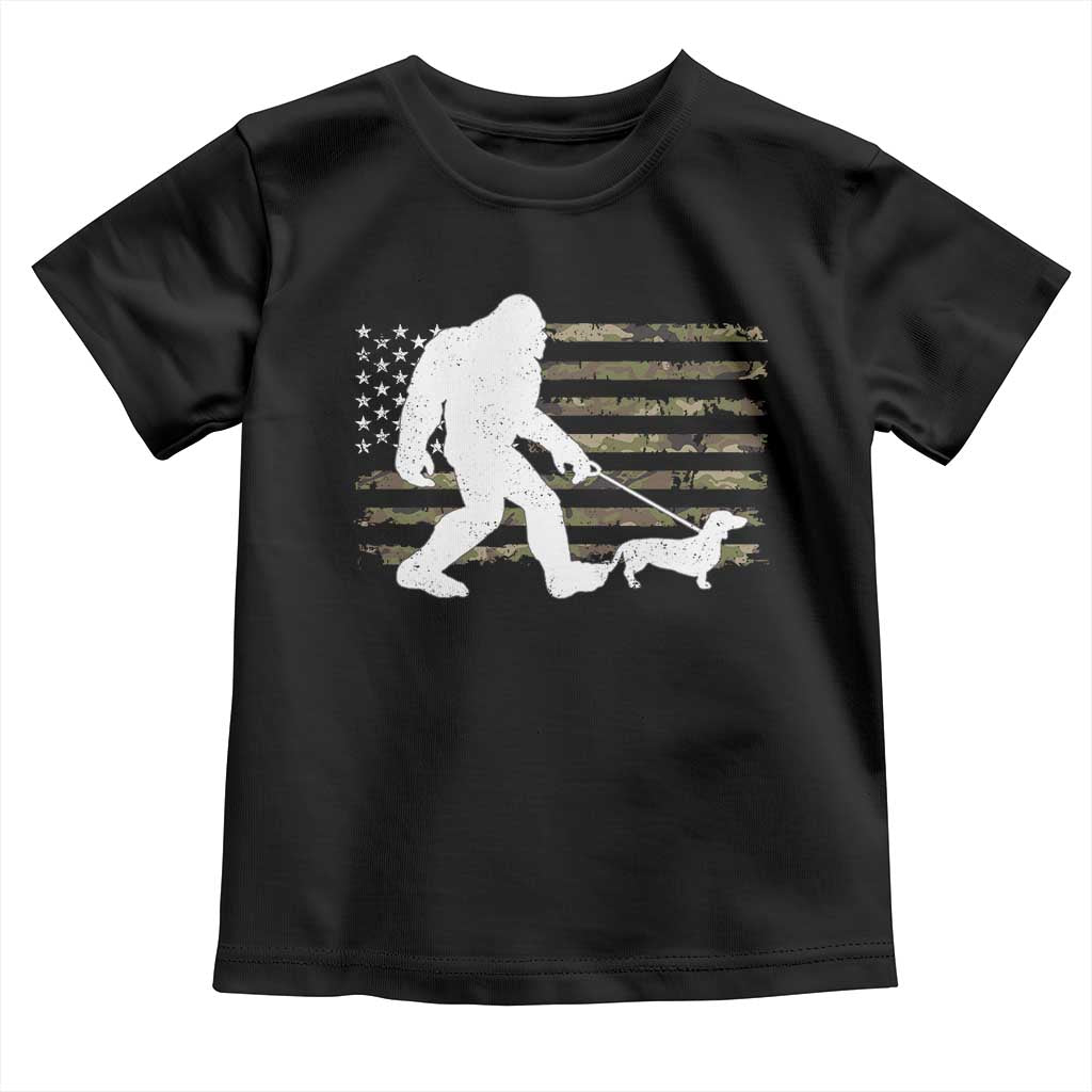 Bigfoot Walking Dachshund Toddler T Shirt Sasquatch Camo American Flag USA Military Patriotic TS10 Black Print Your Wear