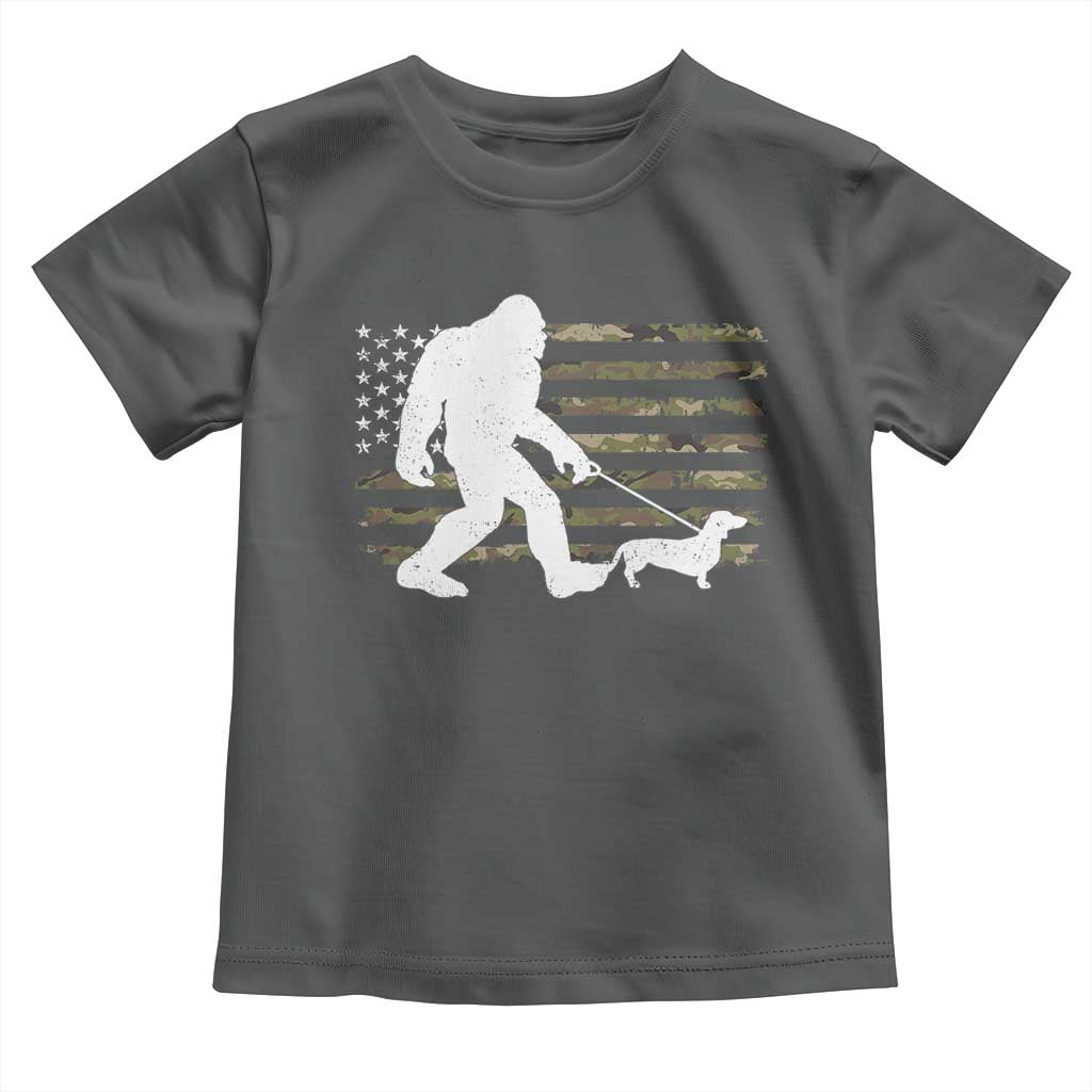 Bigfoot Walking Dachshund Toddler T Shirt Sasquatch Camo American Flag USA Military Patriotic TS10 Dark Heather Print Your Wear