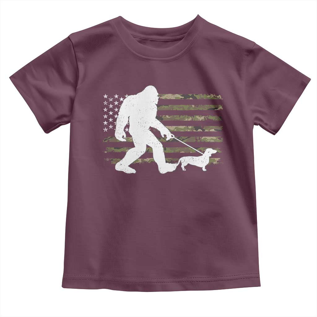 Bigfoot Walking Dachshund Toddler T Shirt Sasquatch Camo American Flag USA Military Patriotic TS10 Maroon Print Your Wear