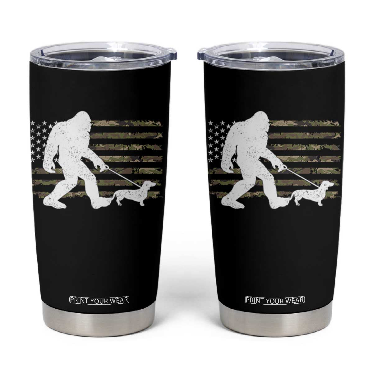 Bigfoot Walking Dachshund Tumbler Cup Sasquatch Camo American Flag USA Military Patriotic TS10 Black Print Your Wear