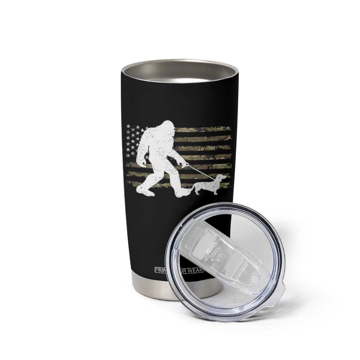 Bigfoot Walking Dachshund Tumbler Cup Sasquatch Camo American Flag USA Military Patriotic TS10 Print Your Wear