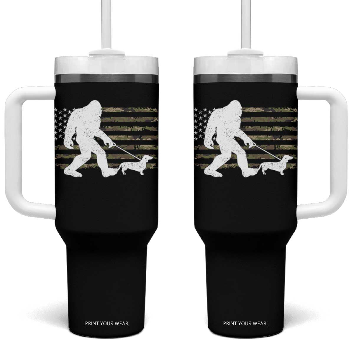 Bigfoot Walking Dachshund Tumbler With Handle Sasquatch Camo American Flag USA Military Patriotic TS10 One Size: 40 oz Black Print Your Wear
