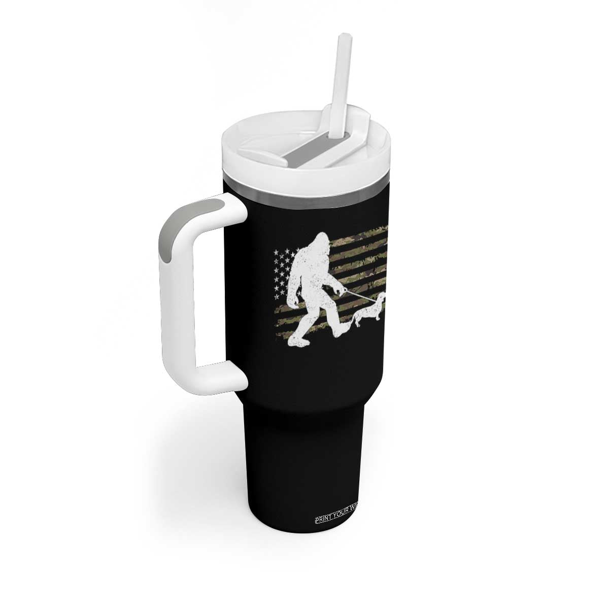 Bigfoot Walking Dachshund Tumbler With Handle Sasquatch Camo American Flag USA Military Patriotic TS10 Print Your Wear