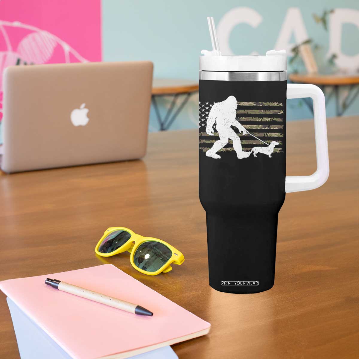 Bigfoot Walking Dachshund Tumbler With Handle Sasquatch Camo American Flag USA Military Patriotic TS10 Print Your Wear