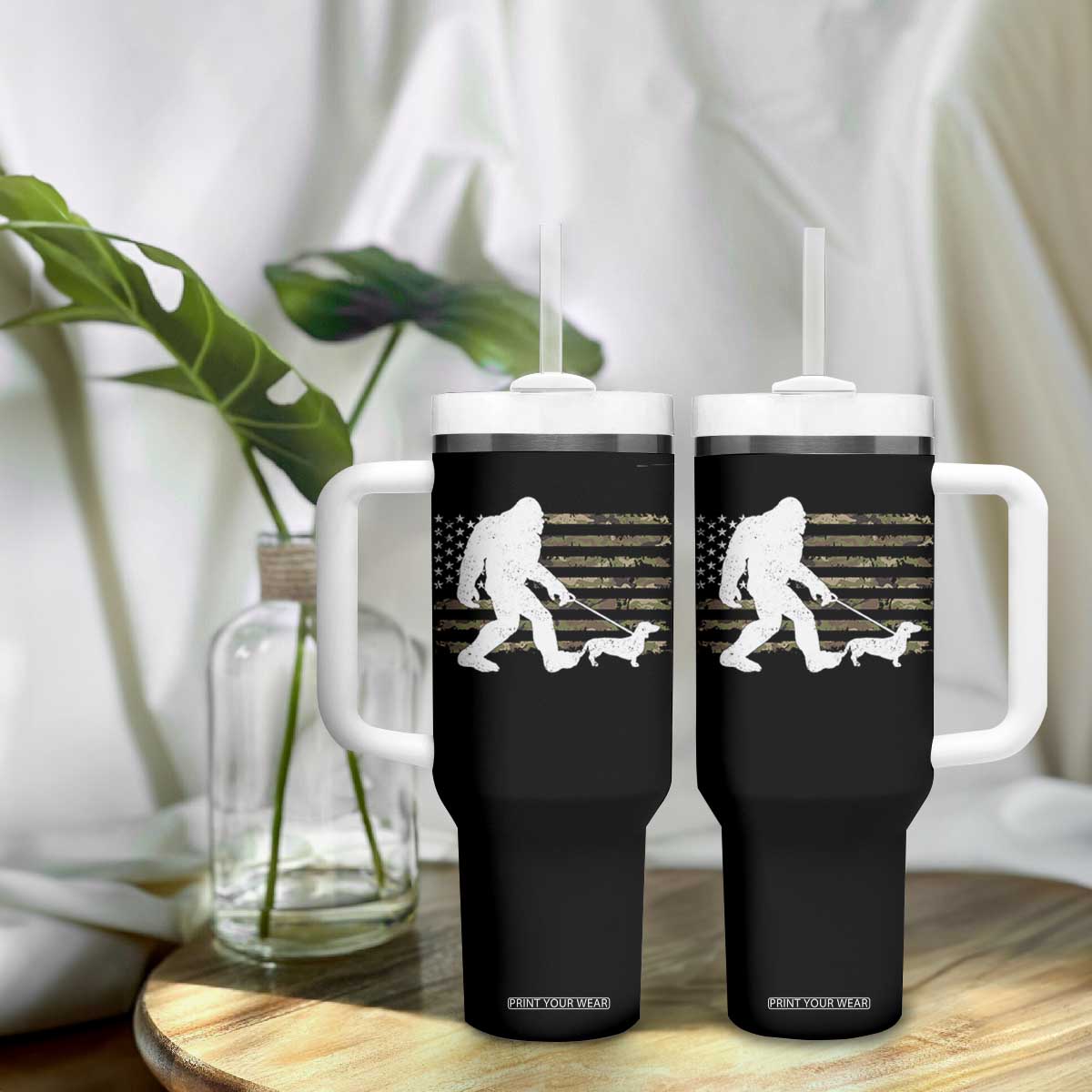 Bigfoot Walking Dachshund Tumbler With Handle Sasquatch Camo American Flag USA Military Patriotic TS10 Print Your Wear
