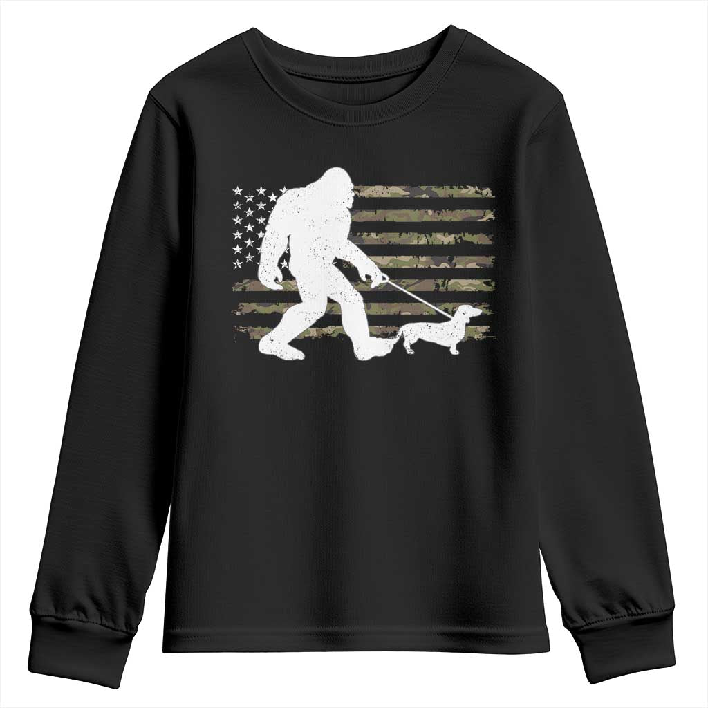 Bigfoot Walking Dachshund Youth Sweatshirt Sasquatch Camo American Flag USA Military Patriotic TS10 Black Print Your Wear