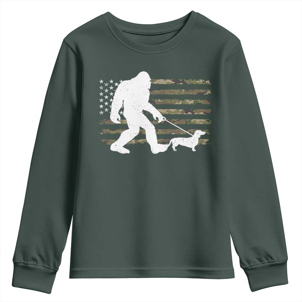 Bigfoot Walking Dachshund Youth Sweatshirt Sasquatch Camo American Flag USA Military Patriotic TS10 Dark Forest Green Print Your Wear
