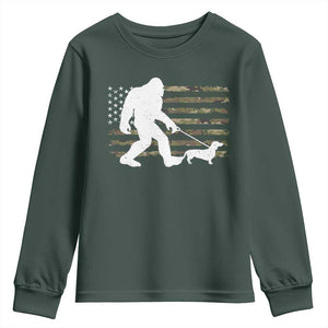 Bigfoot Walking Dachshund Youth Sweatshirt Sasquatch Camo American Flag USA Military Patriotic TS10 Dark Forest Green Print Your Wear