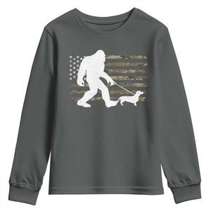 Bigfoot Walking Dachshund Youth Sweatshirt Sasquatch Camo American Flag USA Military Patriotic TS10 Dark Heather Print Your Wear