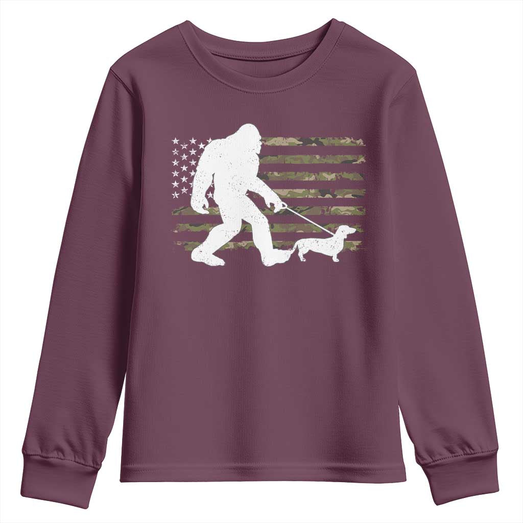 Bigfoot Walking Dachshund Youth Sweatshirt Sasquatch Camo American Flag USA Military Patriotic TS10 Maroon Print Your Wear